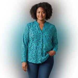 I.N. Studio Teal Leopard Print Button Down Shirt